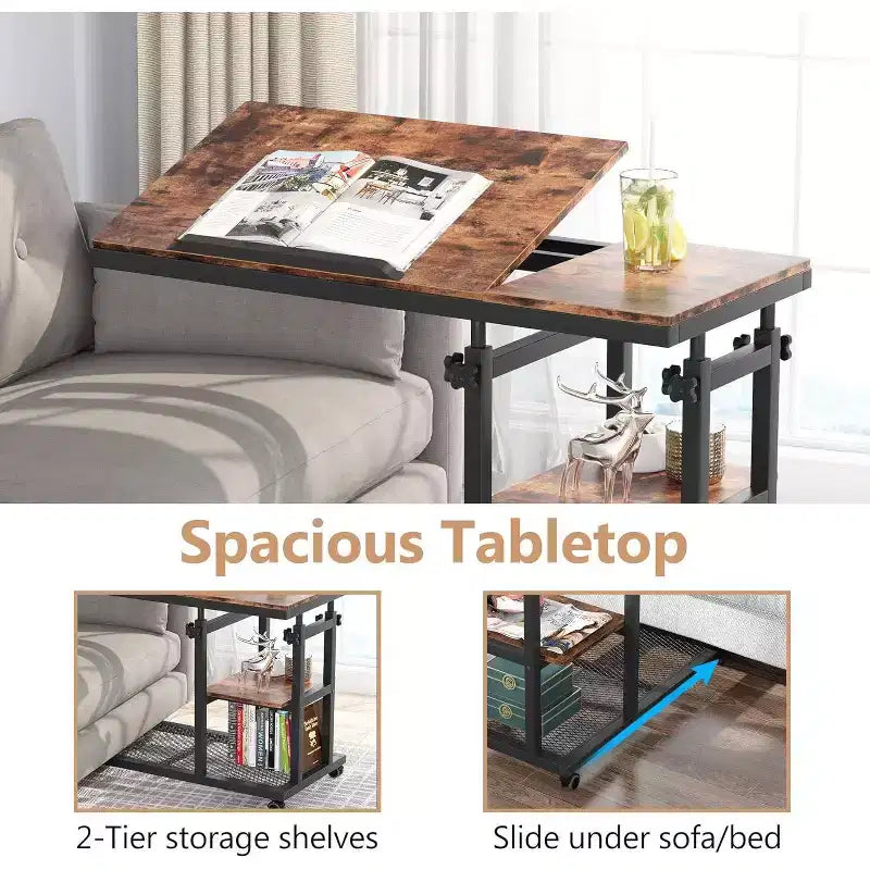 Tribesigns Height Adjustable End Table, C-Type Side Table with Wheels