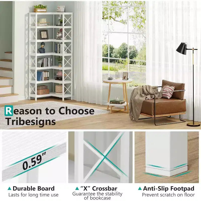 Tribesigns 7-Tier L-Shaped Bookshelf, Modern Corner Book Display Shelving Unit
