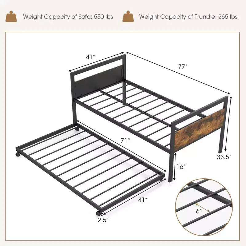 Costway Twin Metal Daybed with Trundle Lockable Wheels Heavy Duty Metal Slats Support