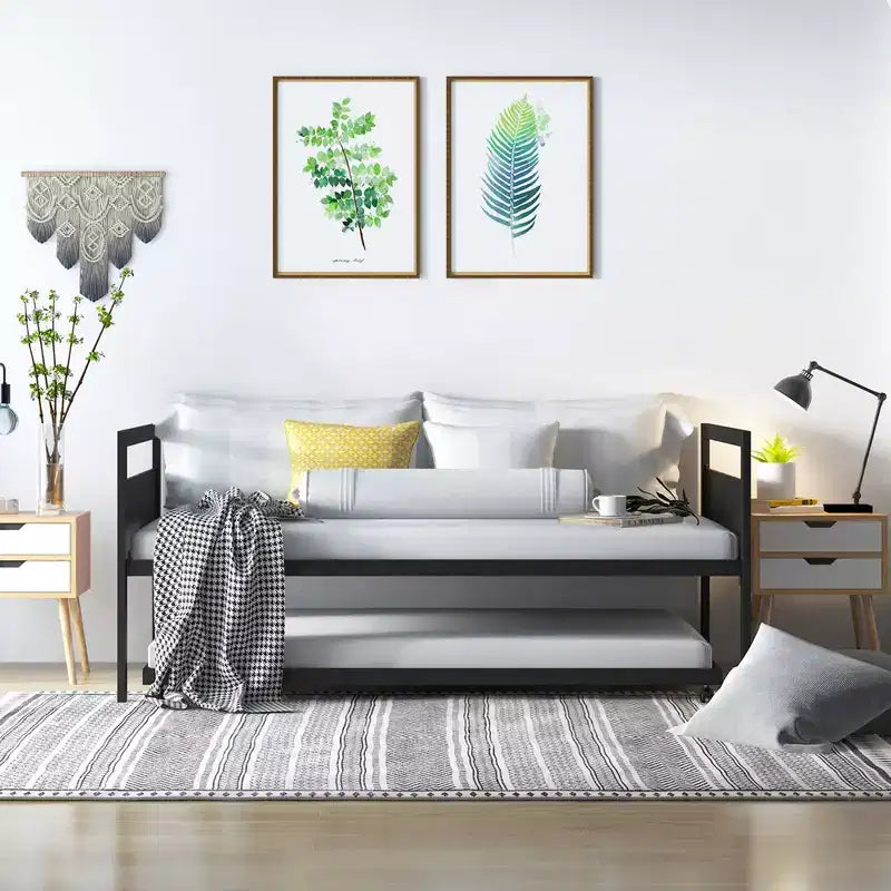Costway Twin Metal Daybed with Trundle Lockable Wheels Heavy Duty Metal Slats Support