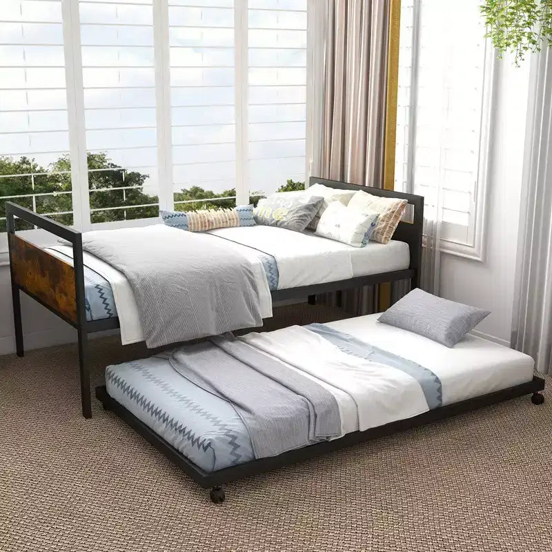 Costway Twin Metal Daybed with Trundle Lockable Wheels Heavy Duty Metal Slats Support