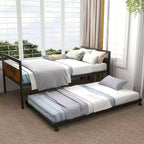Costway Twin Metal Daybed with Trundle Lockable Wheels Heavy Duty Metal Slats Support