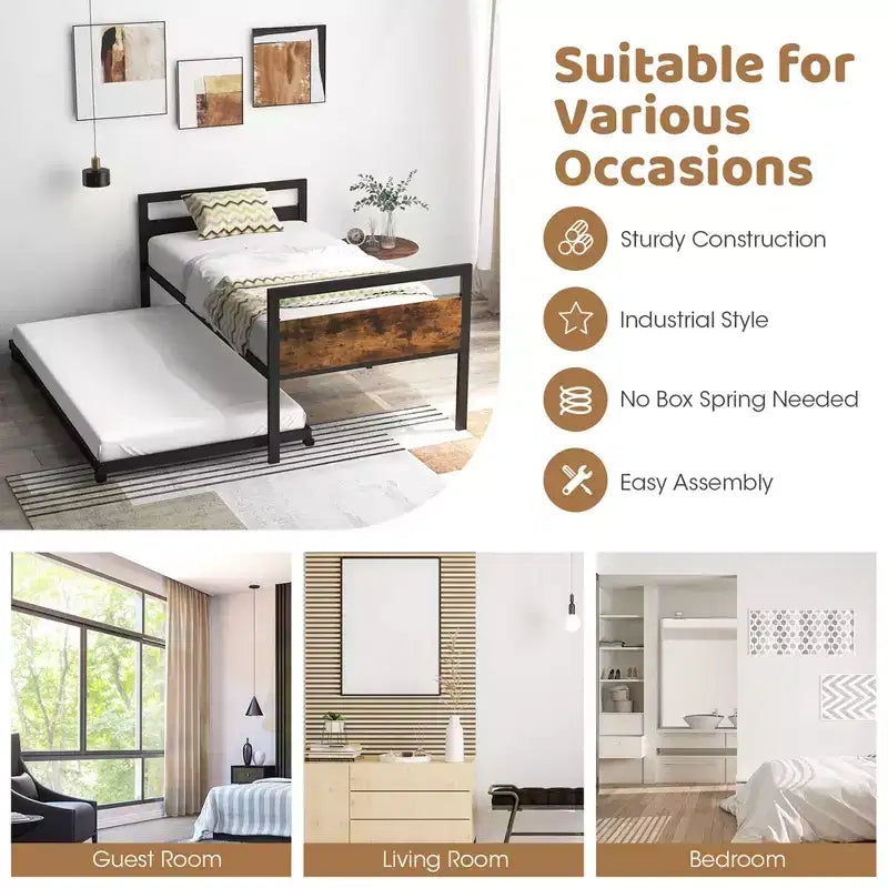 Costway Twin Metal Daybed with Trundle Lockable Wheels Heavy Duty Metal Slats Support