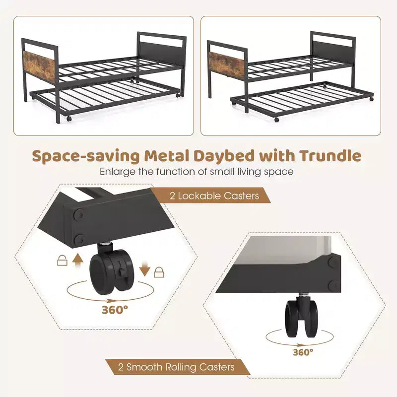 Costway Twin Metal Daybed with Trundle Lockable Wheels Heavy Duty Metal Slats Support