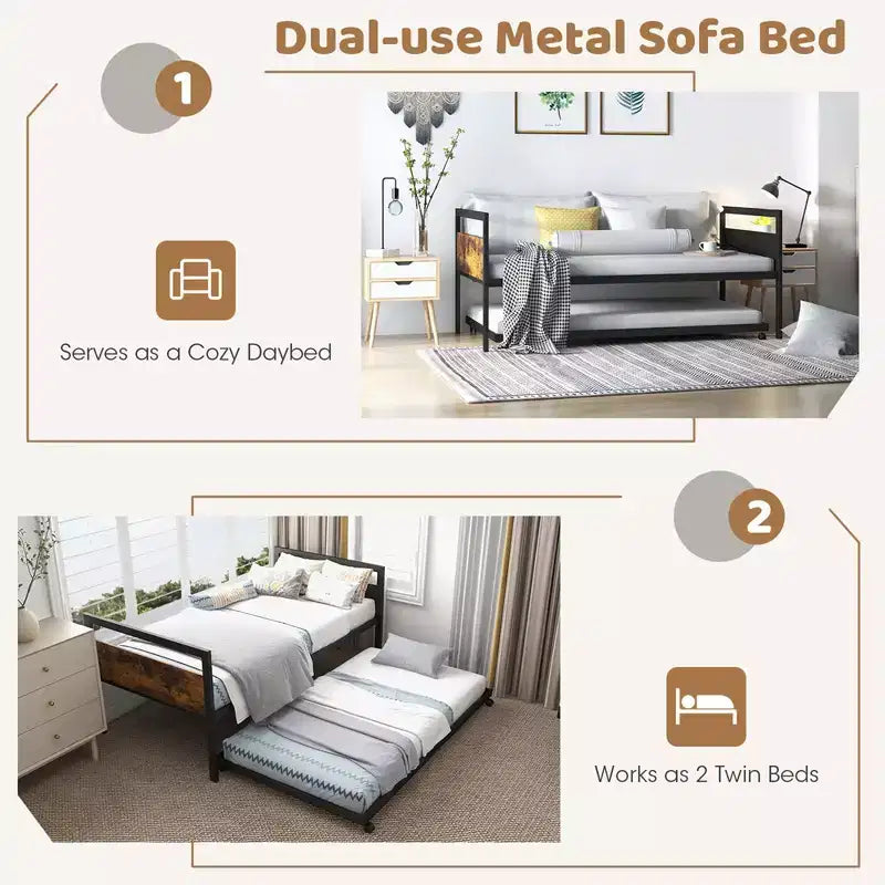 Costway Twin Metal Daybed with Trundle Lockable Wheels Heavy Duty Metal Slats Support