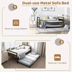 Costway Twin Metal Daybed with Trundle Lockable Wheels Heavy Duty Metal Slats Support