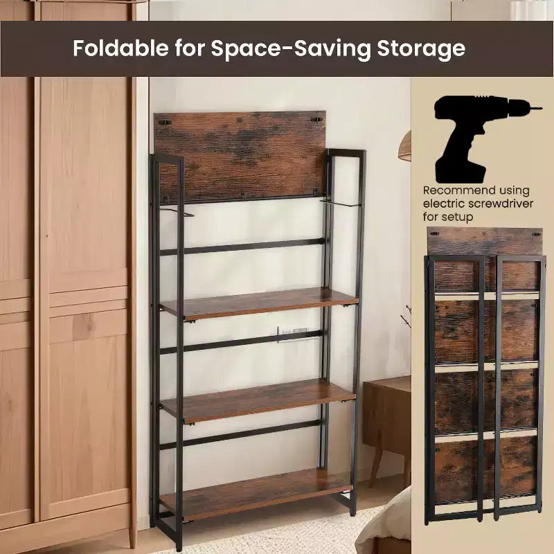 VASAGLE Industrial Bookshelf Folding Bookcase 4-Tier Ladder Shelf Wood Look Accent Furniture with Metal Frame Rustic Brown