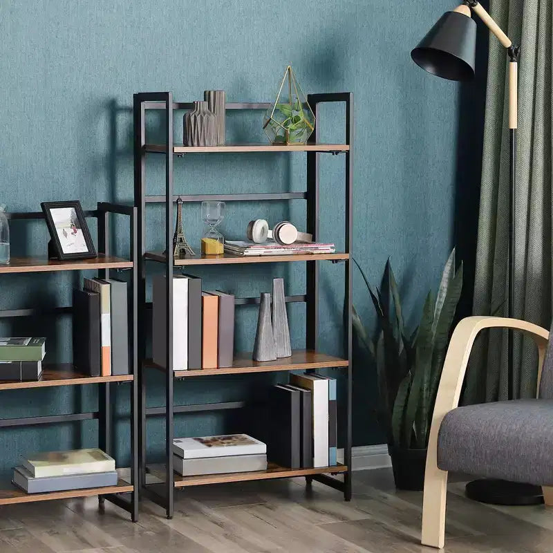 VASAGLE Industrial Bookshelf Folding Bookcase 4-Tier Ladder Shelf Wood Look Accent Furniture with Metal Frame Rustic Brown