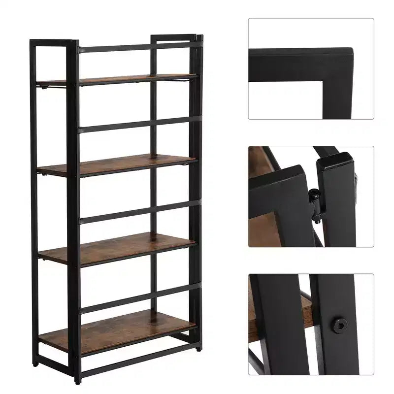 VASAGLE Industrial Bookshelf Folding Bookcase 4-Tier Ladder Shelf Wood Look Accent Furniture with Metal Frame Rustic Brown