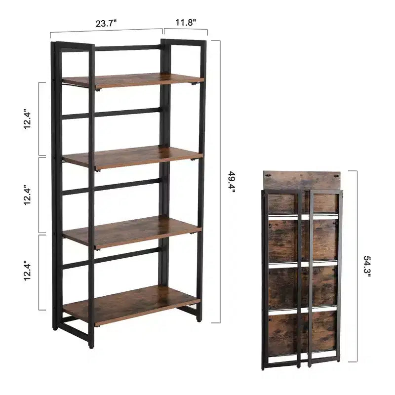 VASAGLE Industrial Bookshelf Folding Bookcase 4-Tier Ladder Shelf Wood Look Accent Furniture with Metal Frame Rustic Brown