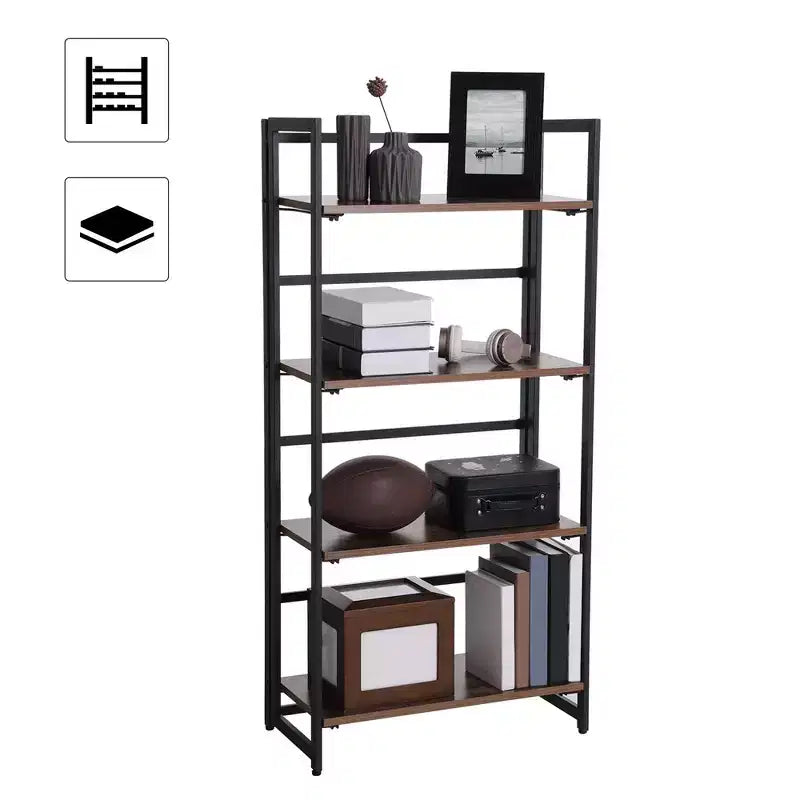VASAGLE Industrial Bookshelf Folding Bookcase 4-Tier Ladder Shelf Wood Look Accent Furniture with Metal Frame Rustic Brown