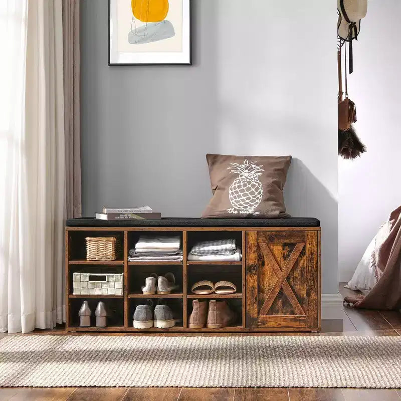 VASAGLE Storage Bench with Cupboard and 9 Open Compartments 11.8 x 43.3 x 18.9 Inches Rustic Brown
