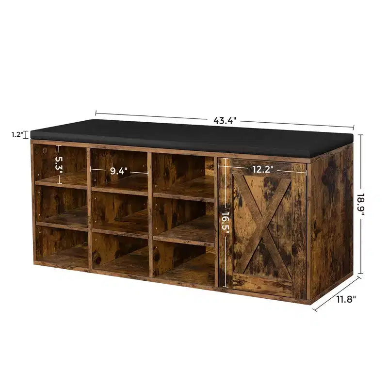 VASAGLE Storage Bench with Cupboard and 9 Open Compartments 11.8 x 43.3 x 18.9 Inches Rustic Brown