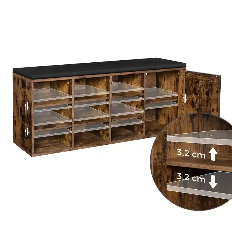 VASAGLE Storage Bench with Cupboard and 9 Open Compartments 11.8 x 43.3 x 18.9 Inches Rustic Brown