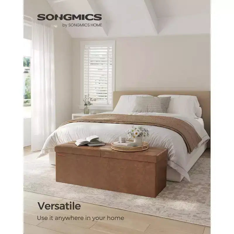 SONGMICS 43 Storage Ottoman Bench Folding Leather Ottoman Storage Footrest Hold up to 660lb
