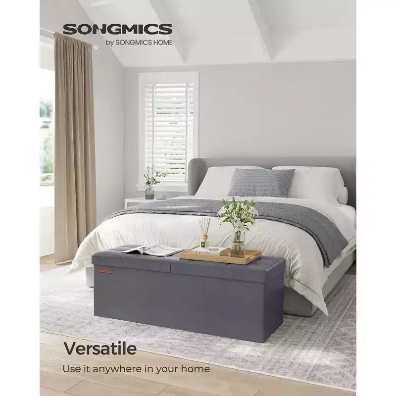SONGMICS 43 Storage Ottoman Bench Folding Leather Ottoman Storage Footrest Hold up to 660lb