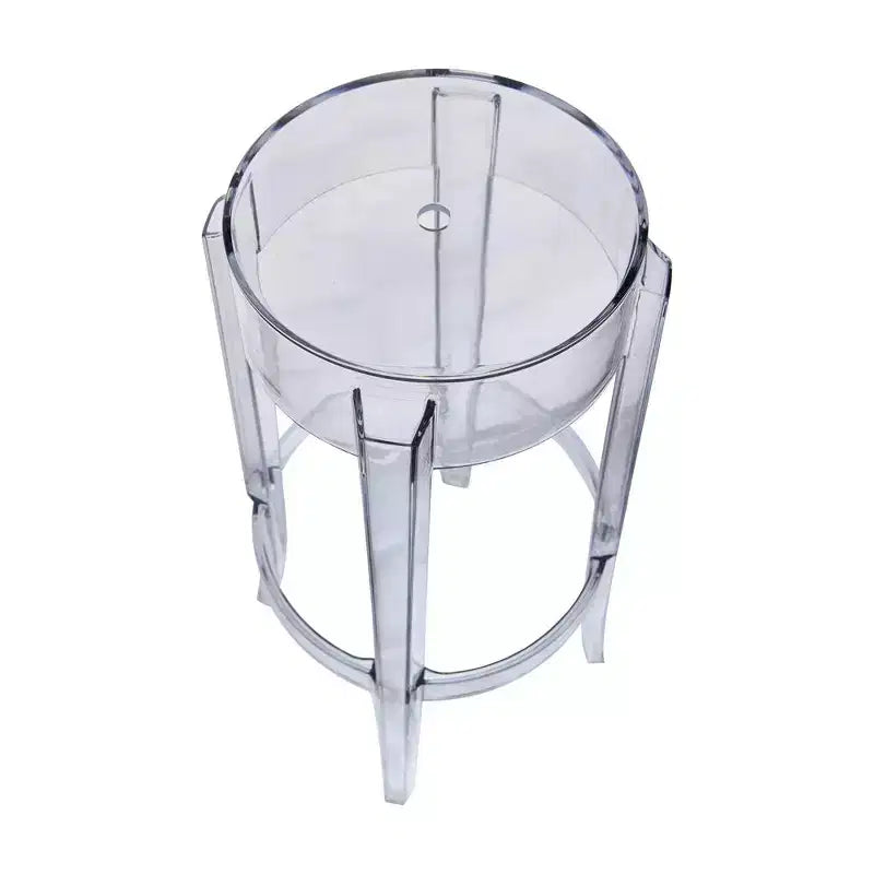 Sgabello da bar moderno LeisureMod Averill con seduta e gambe in acrilico trasparente, sedia trasparente alta da bar per isola cucina o bar di casa