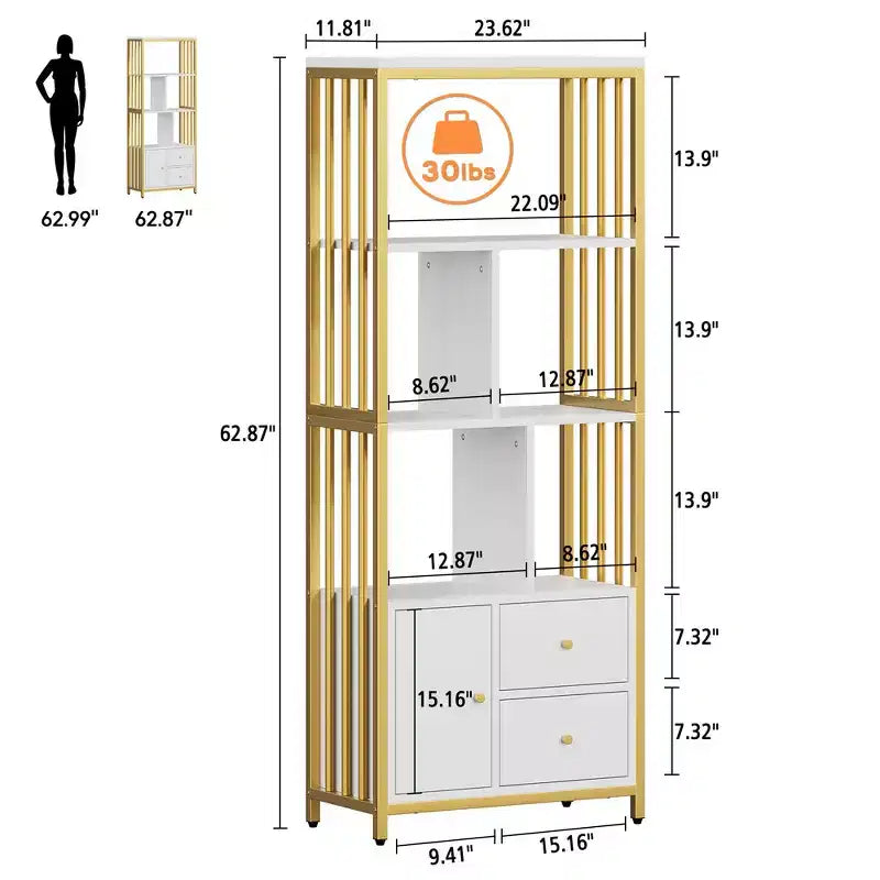Garvee Bookshelf Modern Bookcase with Drawers Gold Storage Rack Shelf Tall Standing Bookshelves for Bedroom, Living Room, Home Office, Gold