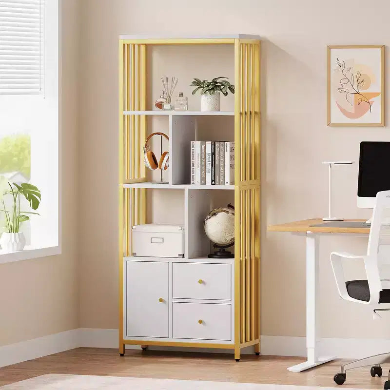 Garvee Bookshelf Modern Bookcase with Drawers Gold Storage Rack Shelf Tall Standing Bookshelves for Bedroom, Living Room, Home Office, Gold
