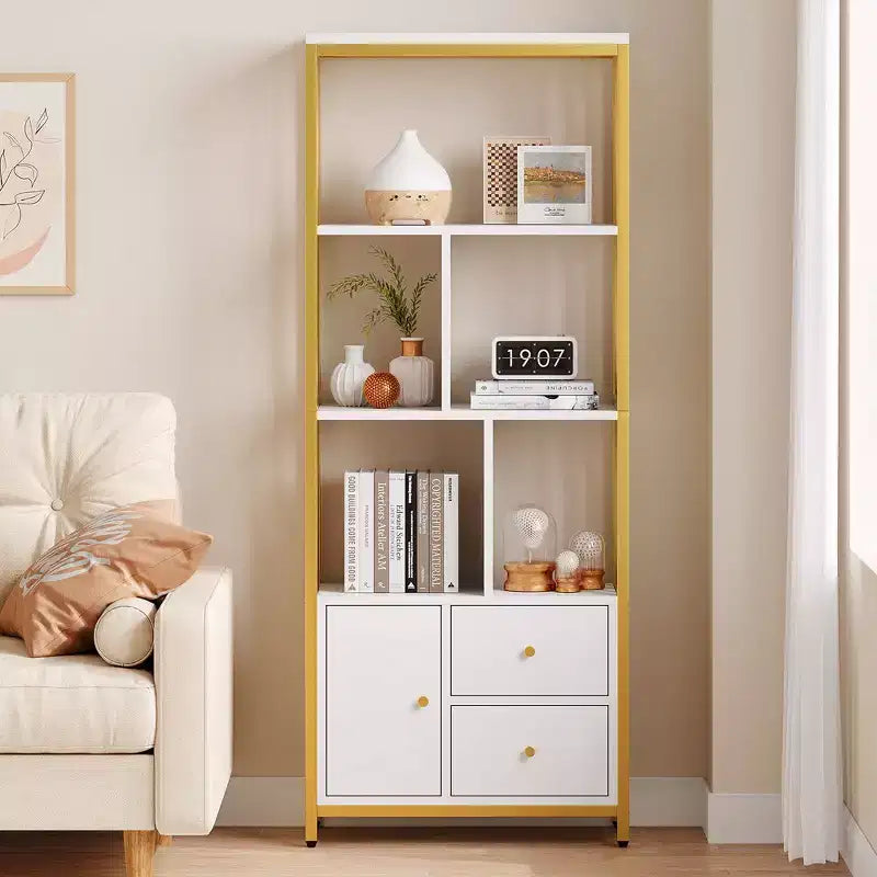 Garvee Bookshelf Modern Bookcase with Drawers Gold Storage Rack Shelf Tall Standing Bookshelves for Bedroom, Living Room, Home Office, Gold