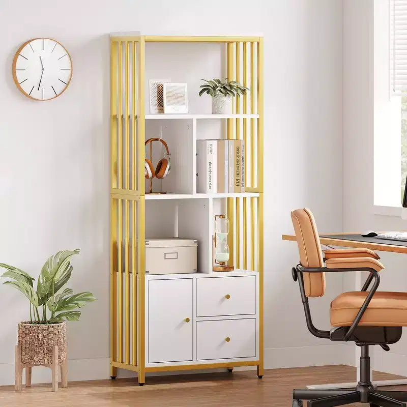 Garvee Bookshelf Modern Bookcase with Drawers Gold Storage Rack Shelf Tall Standing Bookshelves for Bedroom, Living Room, Home Office, Gold