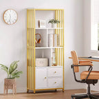 Garvee Bookshelf Modern Bookcase with Drawers Gold Storage Rack Shelf Tall Standing Bookshelves for Bedroom, Living Room, Home Office, Gold