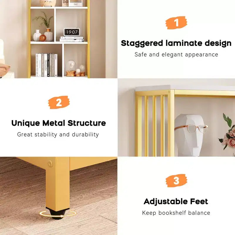 Garvee Bookshelf Modern Bookcase with Drawers Gold Storage Rack Shelf Tall Standing Bookshelves for Bedroom, Living Room, Home Office, Gold