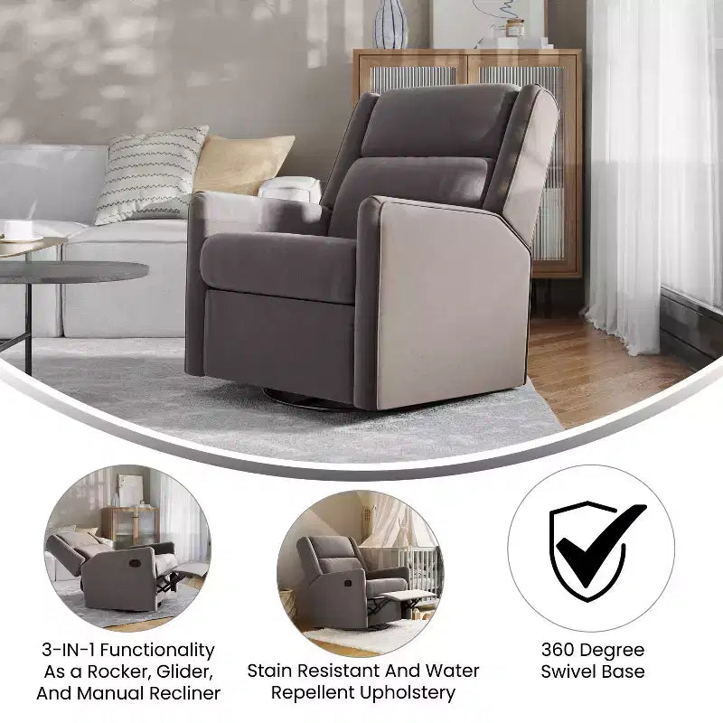Merrick Lane 3-in-1 Traditional Manual Recliner Rocker Swivel Glider Chair