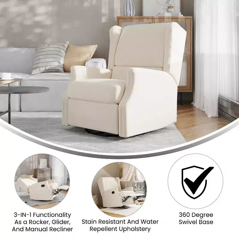 Emma and Oliver Manual Glider Rocker Recliner Chair with 360 Degree Swivel, Wingback Recliner Perfect for Living Room, Bedroom, or Nursery