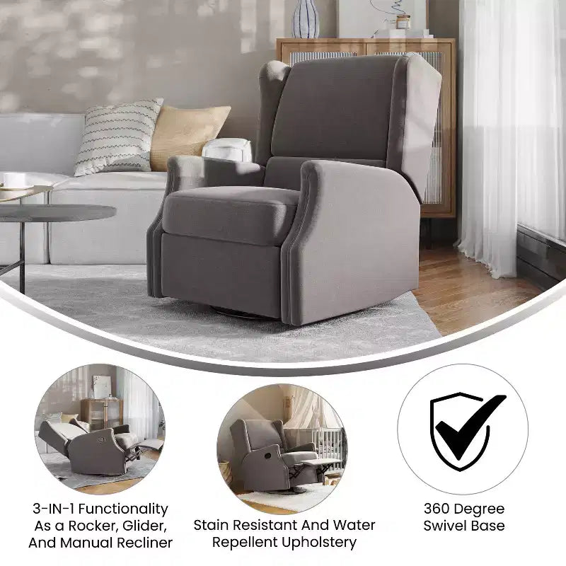 Emma and Oliver Manual Glider Rocker Recliner Chair with 360 Degree Swivel, Wingback Recliner Perfect for Living Room, Bedroom, or Nursery