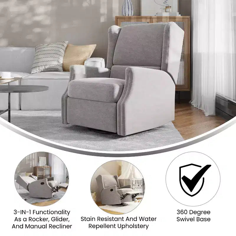 Emma and Oliver Manual Glider Rocker Recliner Chair with 360 Degree Swivel, Wingback Recliner Perfect for Living Room, Bedroom, or Nursery