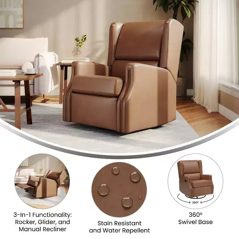 Emma and Oliver Manual Glider Rocker Recliner Chair with 360 Degree Swivel, Wingback Recliner Perfect for Living Room, Bedroom, or Nursery