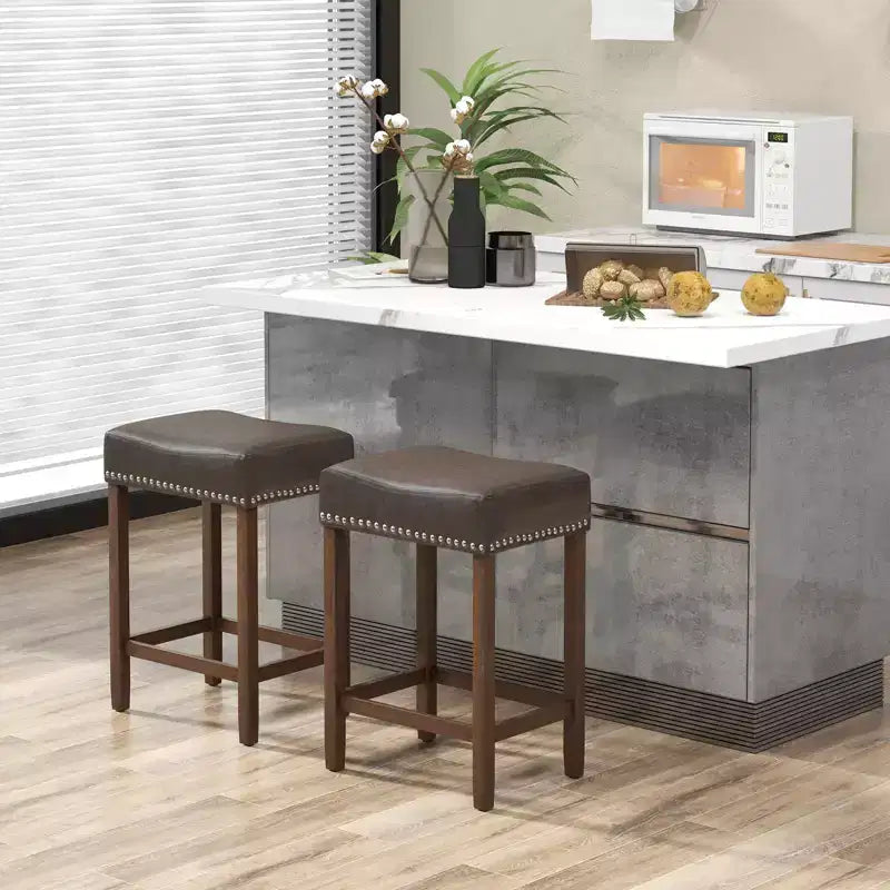 Costway 24 Upholstered Bar Stools Set of 2 with Footrests Rubberwood Frame Saddle-shaped Brown/Gray