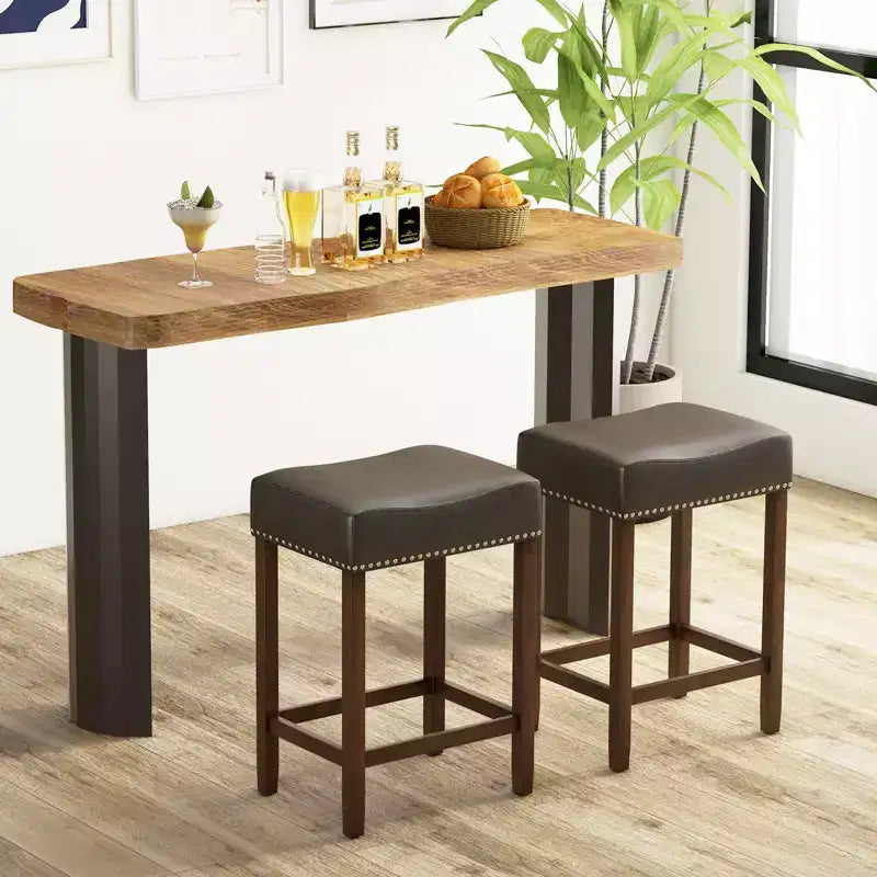 Costway 24 Upholstered Bar Stools Set of 2 with Footrests Rubberwood Frame Saddle-shaped Brown/Gray