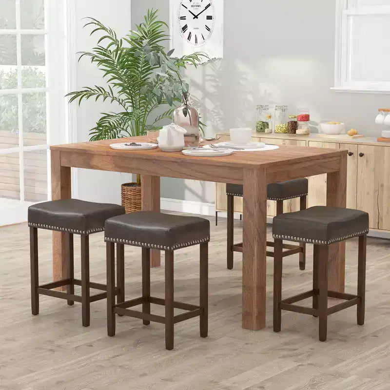 Costway 24 Upholstered Bar Stools Set of 2 with Footrests Rubberwood Frame Saddle-shaped Brown/Gray