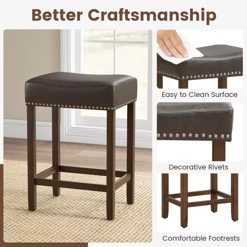 Costway 24 Upholstered Bar Stools Set of 2 with Footrests Rubberwood Frame Saddle-shaped Brown/Gray