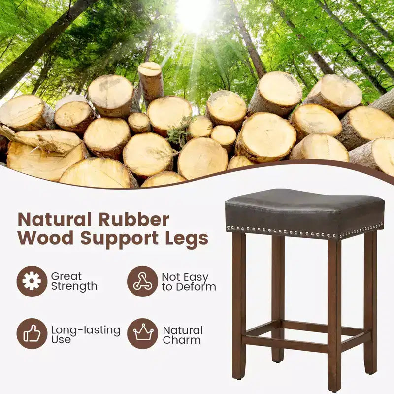 Costway 24 Upholstered Bar Stools Set of 2 with Footrests Rubberwood Frame Saddle-shaped Brown/Gray