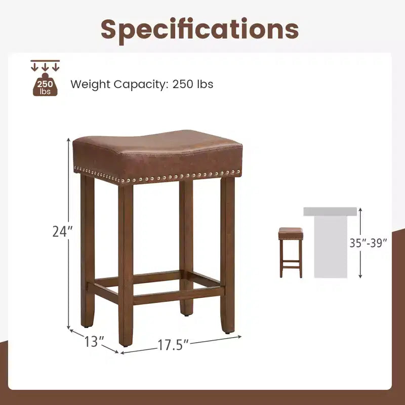 Costway 24 Upholstered Bar Stools Set of 2 with Footrests Rubberwood Frame Saddle-shaped Brown/Gray