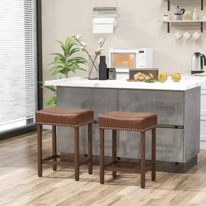 Costway 24 Upholstered Bar Stools Set of 2 with Footrests Rubberwood Frame Saddle-shaped Brown/Gray
