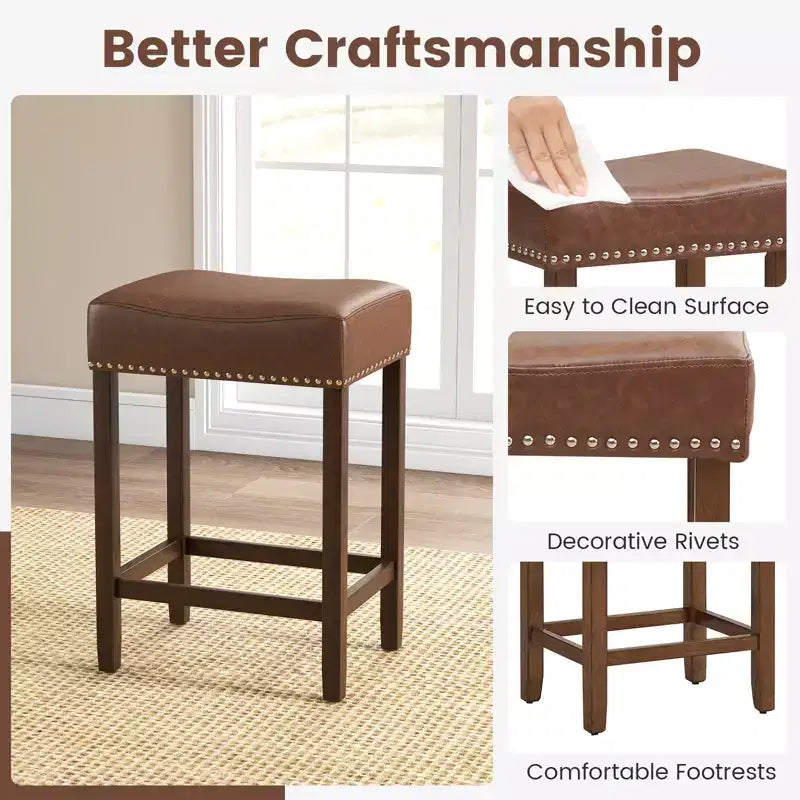 Costway 24 Upholstered Bar Stools Set of 2 with Footrests Rubberwood Frame Saddle-shaped Brown/Gray
