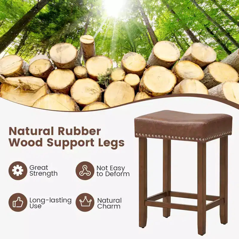 Costway 24 Upholstered Bar Stools Set of 2 with Footrests Rubberwood Frame Saddle-shaped Brown/Gray