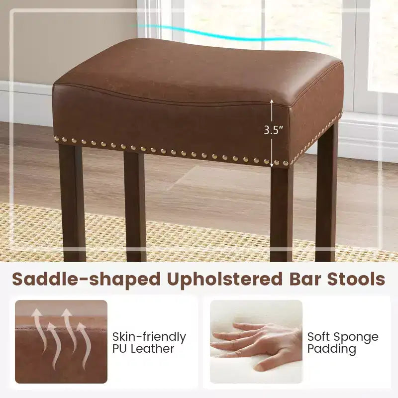 Costway 24 Upholstered Bar Stools Set of 2 with Footrests Rubberwood Frame Saddle-shaped Brown/Gray