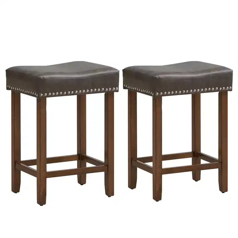 Costway 24 Upholstered Bar Stools Set of 2 with Footrests Rubberwood Frame Saddle-shaped Brown/Gray