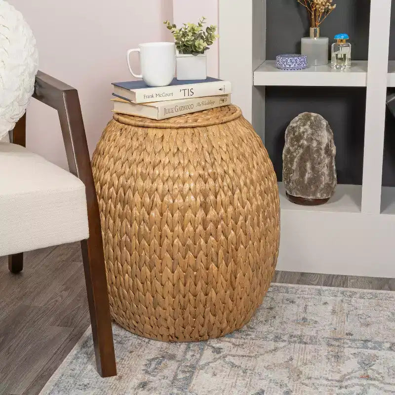 happimess Colt 17 Coastal Bohemian Handwoven Hyacinth Storage Stool with Lid, Natural