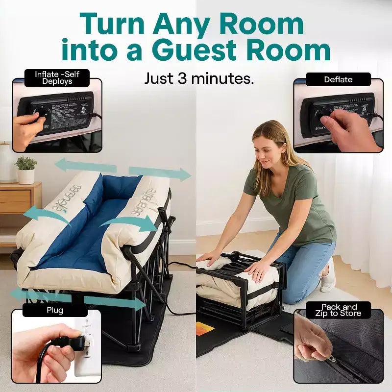 SereneLife EZ-Bed Inflatable Air Mattress with Frame - Luxury Self-Inflating Blow Up Guest Airbed Cot with Rolling Case