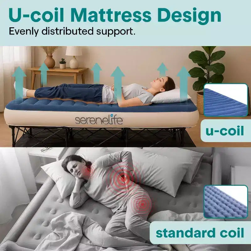 SereneLife EZ-Bed Inflatable Air Mattress with Frame - Luxury Self-Inflating Blow Up Guest Airbed Cot with Rolling Case