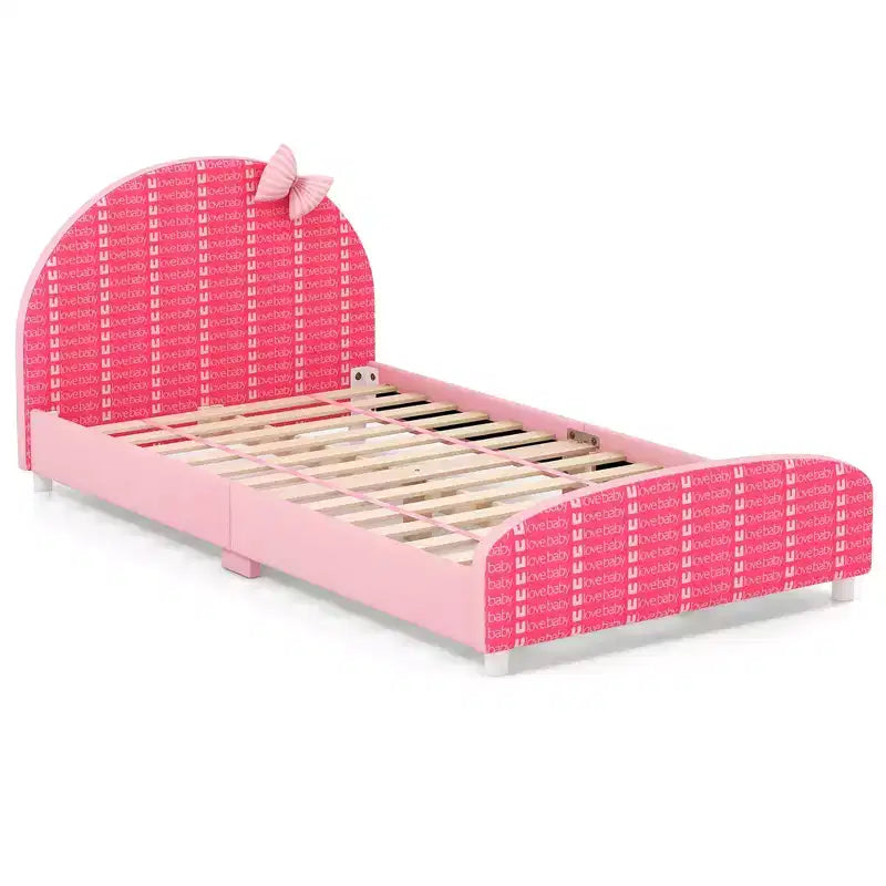Costway Children Twin Size Upholstered Platform Single Bed with Headboard & Footboard Pink