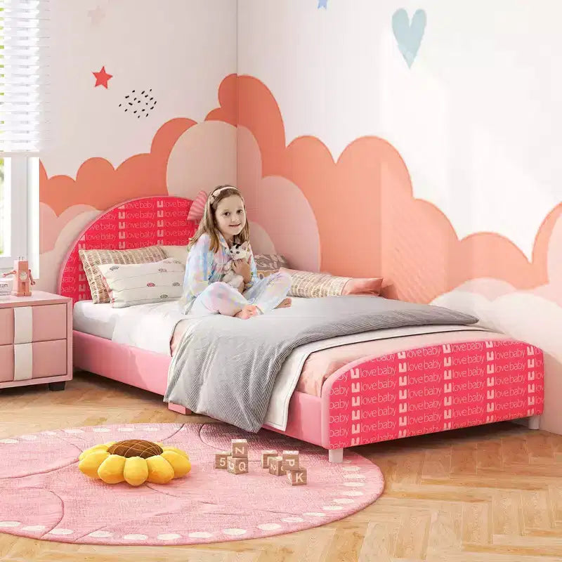 Costway Children Twin Size Upholstered Platform Single Bed with Headboard & Footboard Pink