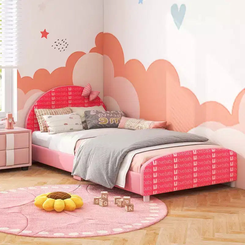 Costway Children Twin Size Upholstered Platform Single Bed with Headboard & Footboard Pink