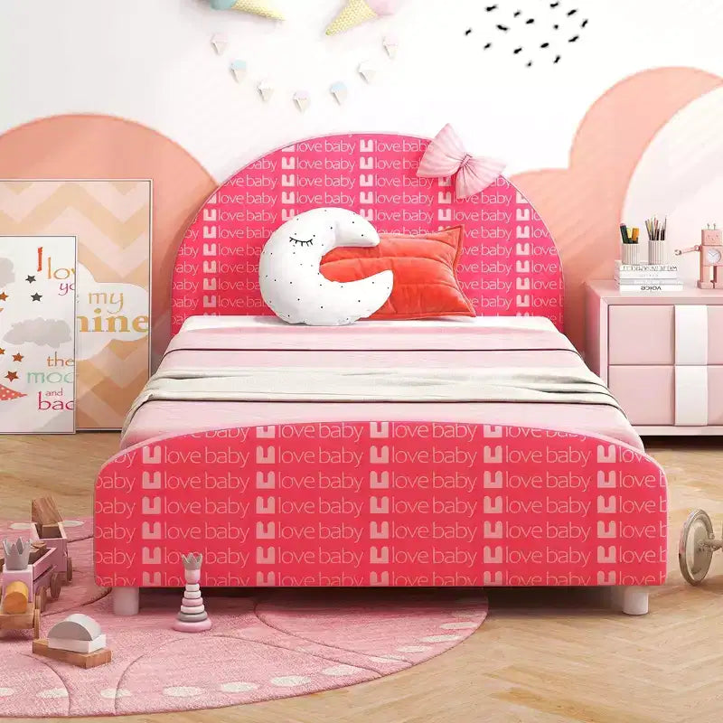 Costway Children Twin Size Upholstered Platform Single Bed with Headboard & Footboard Pink